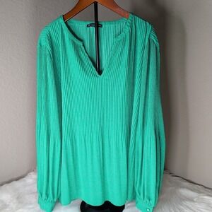 Adrianna Papell Women 2X/3X Green Polka Dot Blouse Top with Neck Tie Long Sleeve